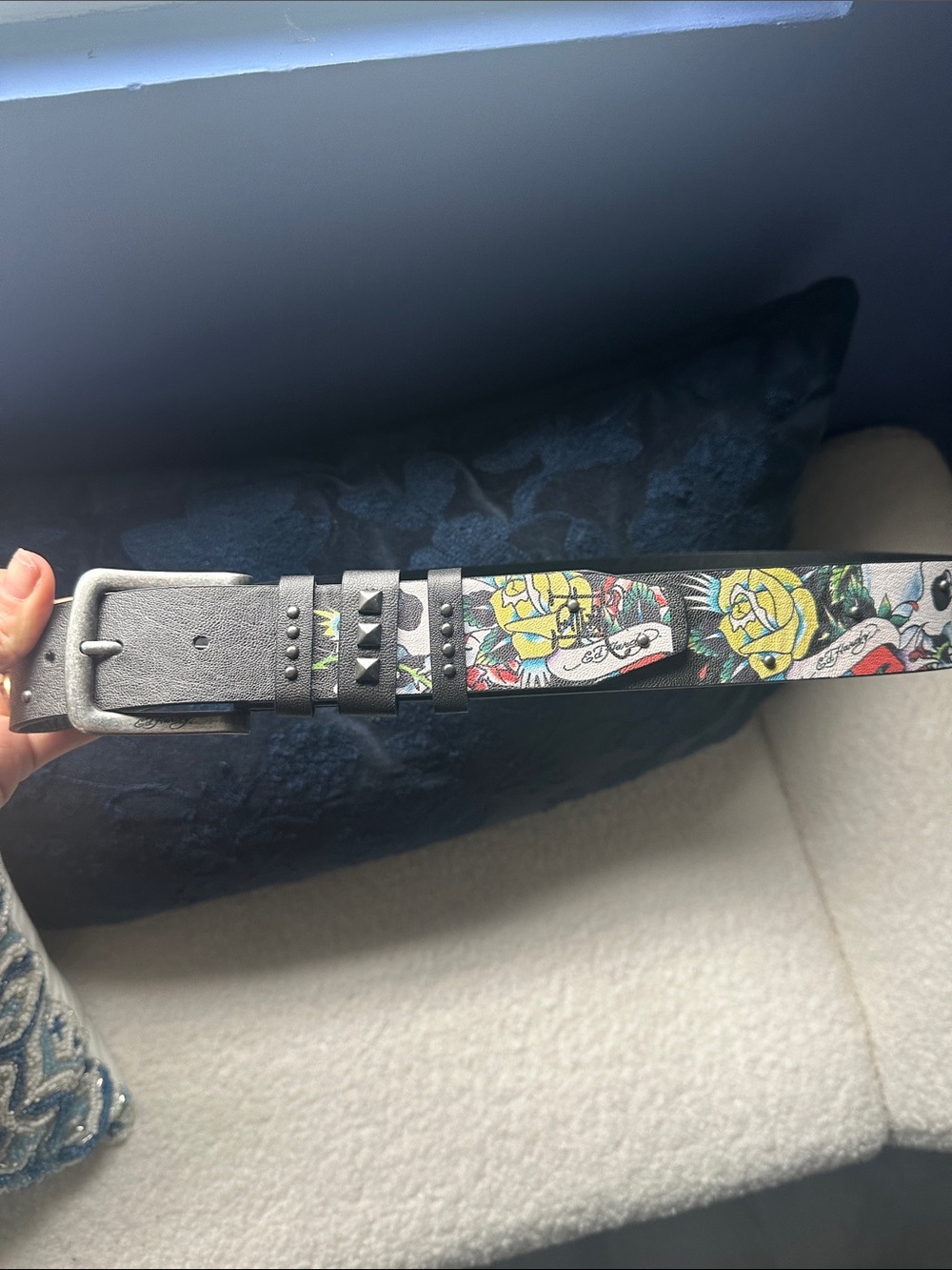 Ed Hardy Black Belt with Yellow Rose Tattoo Print